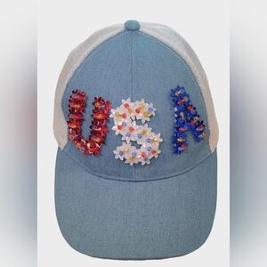 Anna & Ava Womens Trucker White Mesh Flower Sequins America USA Hat